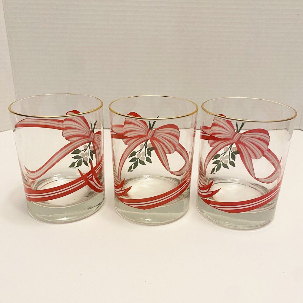 Christmas Ribbon Holiday Mistletoe Glasses Low Ball Rocks Tumbler Set Of 3 New